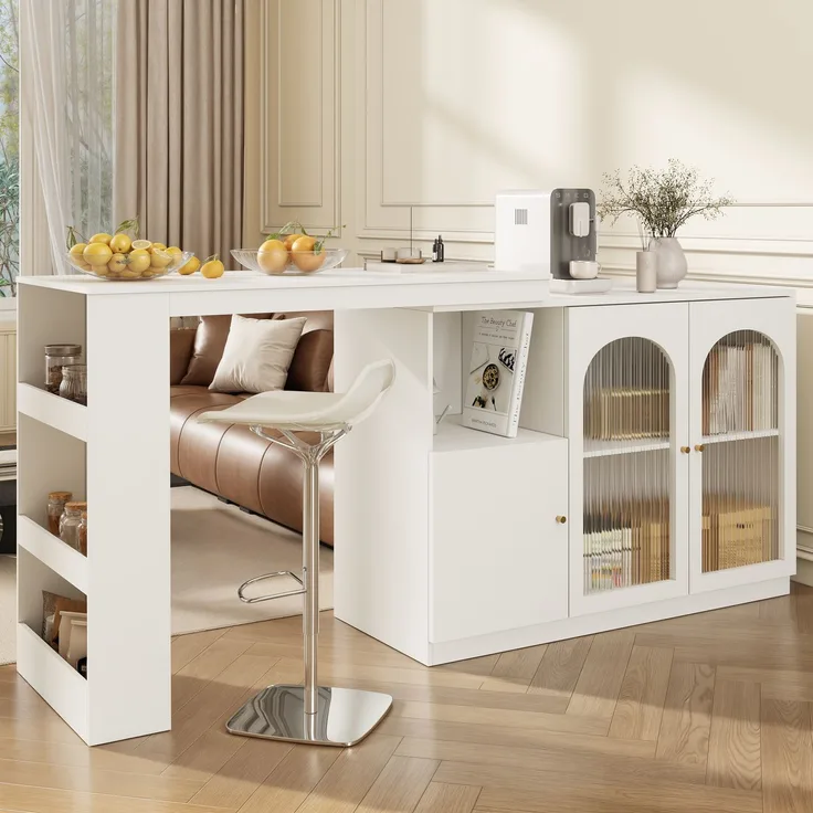 Esszimmerschrank Sideboard Weiß mit 360° Drehfunktion, Changhong-Glas Türen,Aufbewahrungsschrank mit Regalen und Schubladen