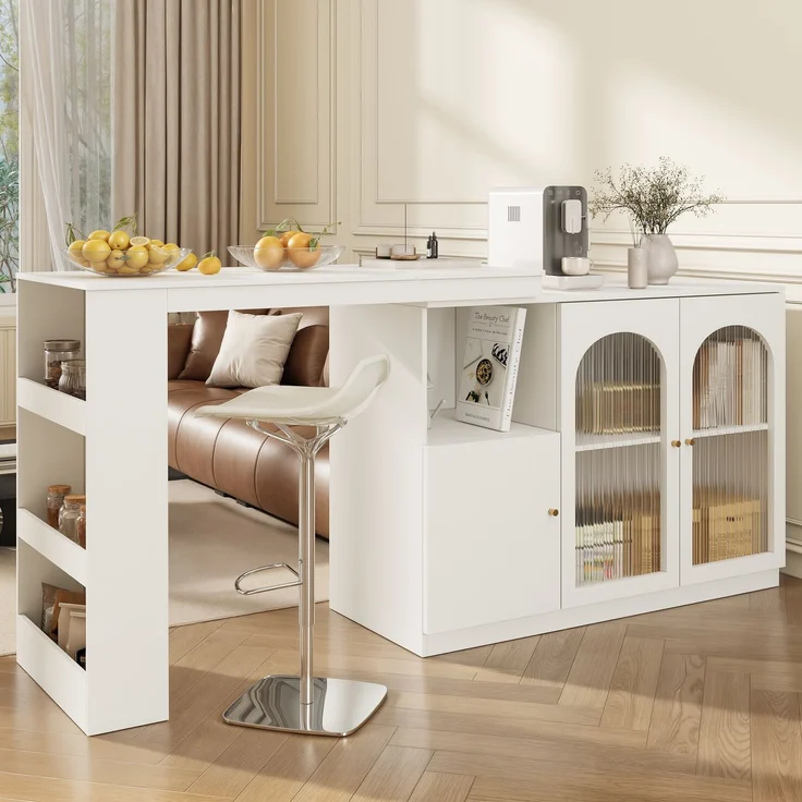 Esszimmerschrank Sideboard Weiß mit 360° Drehfunktion, Changhong-Glas Türen,Aufbewahrungsschrank mit Regalen und Schubladen – Bild 1
