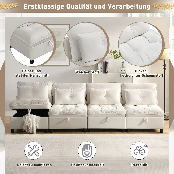 Schlafsofa mit 4 unabhängige Module, als 4-Sitzer, 2 Zweisitzer oder Schlafsofa nutzbar, Wolken-Sitzkomfort, Beige – Bild 9