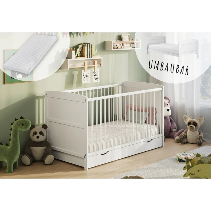 Kids Collective Babybett Kinderbett 60x120/70x140 cm umbaubar zu höhenverstellbares Lattenrost, 70x140 cm Weiß mit Matratze und Schublade von Geburt bis 6. Lebensjahr – Bild 1