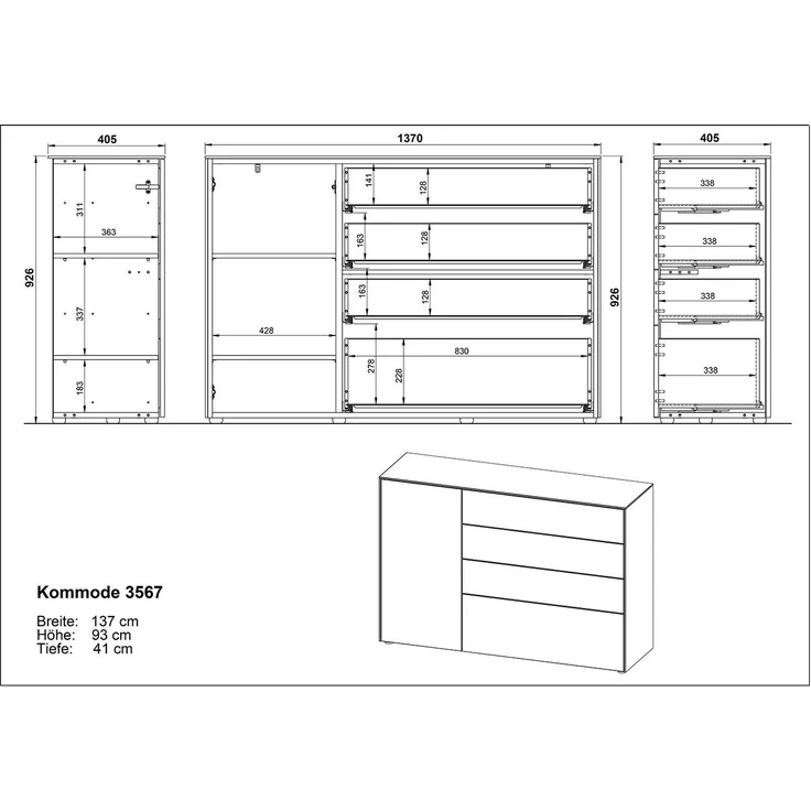 Kommode Luna / GW-Lomena, Holzwerkstoff, Grau, 137 x 93 x 41 cm – Bild 7