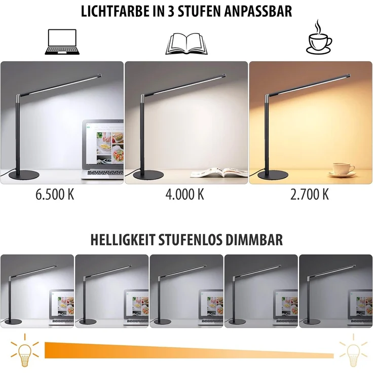 MeLiTec LED Schreibtischlampe LED-Schreibtischleuchte T186-2 schwarz mit Chrom-Applikationen, LED fest integriert, Einstellbar in 3 Stufen, 50.000 Schaltzyklen möglich, schwenkbar, dimmbar – Bild 3