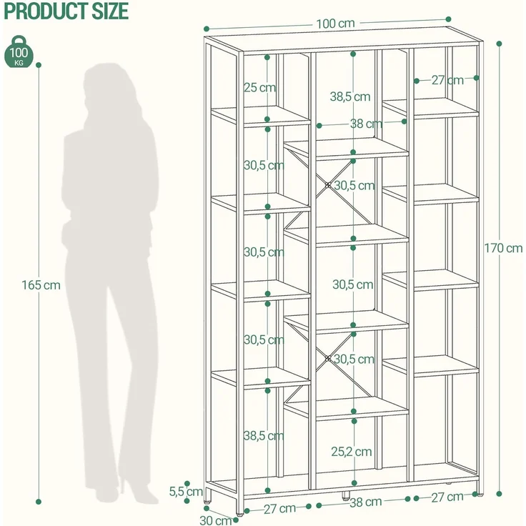 Bücherregal, Standregal mit 6 Ebenen 15 Ablagen, Verstellbare offene Ablagen, für Wohnzimmer, Büro, Schlafzimmer, 30 x 100 x 170cm, Weiß – Bild 7