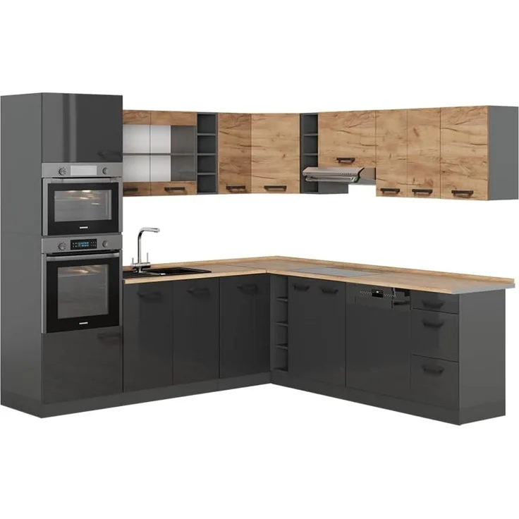 Eckküche R-Line Goldkraft Eiche/Anthrazit 247 x 60 cm zweifarbige Schränke, AP Eiche Vicco