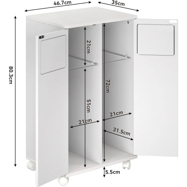 Mülltrennschrank 46,7 x 35 x 80,3 cm in Hochglanz-Weiß mit 2 Fächern und feststellbaren Rollen – Bild 5