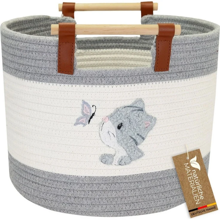 HMF Aufbewahrungskorb Aufbewahrungskorb mit Holzgriffen, runder Korb, Baumwolle für Kinderzimmer oder Babyzimmer, Katze, 30 x 30 x 24 cm – Bild 1