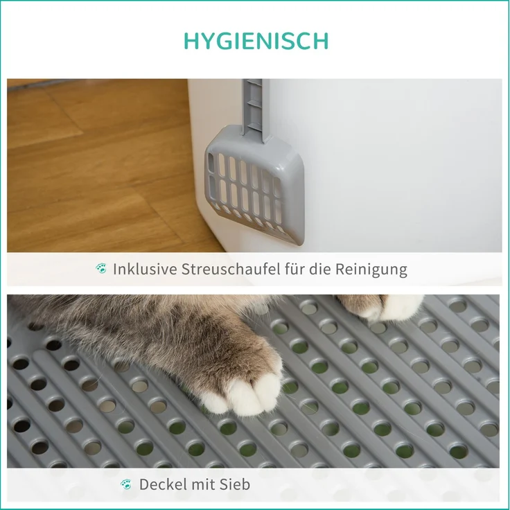Katzentoilette mit Deckel, Siebplatte & Schaufel, 55x44x39 cm, Weiß – Bild 5