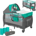 Lionelo Sven Plus 2 in 1 Baby Bett Laufstall Baby ab Geburt bis 15 kg Wickelauflage Moskitonetz luftige Seitenwände mit Seiteneingang Tragetasche zusammenklappbar (Türkis-Grau)
