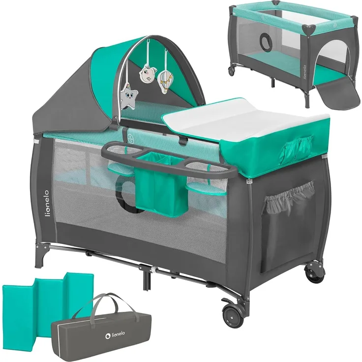 Lionelo Sven Plus 2 in 1 Baby Bett Laufstall Baby ab Geburt bis 15 kg Wickelauflage Moskitonetz luftige Seitenwände mit Seiteneingang Tragetasche zusammenklappbar (Türkis-Grau)
