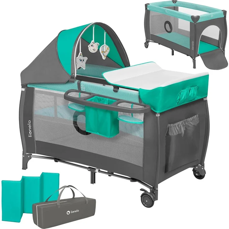 Lionelo Sven Plus 2 in 1 Baby Bett Laufstall Baby ab Geburt bis 15 kg Wickelauflage Moskitonetz luftige Seitenwände mit Seiteneingang Tragetasche zusammenklappbar (Türkis-Grau) – Bild 1