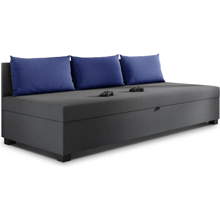Schlafsofa Misti III - Einzelbett mit Kissen, Sofa mit Bettkasten, Bettsofa, Farbauswahl, Bettgestell, Komfortbett, Bett für Jugendzimmer, Schlafmöbel (Graphit + Blau (Lux 06 + Lux 20)) – Bild 2