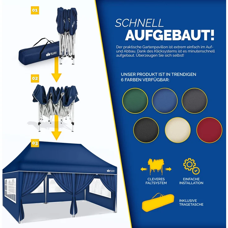 tillvex Pavillon 3x6m - mit 6 Seitenwänden Blau wasserdicht | Pop-Up Faltpavillon höhenverstellbar | Gartenzelt UV Schutz 50+ | Partyzelt mit Tasche für Garten – Bild 9