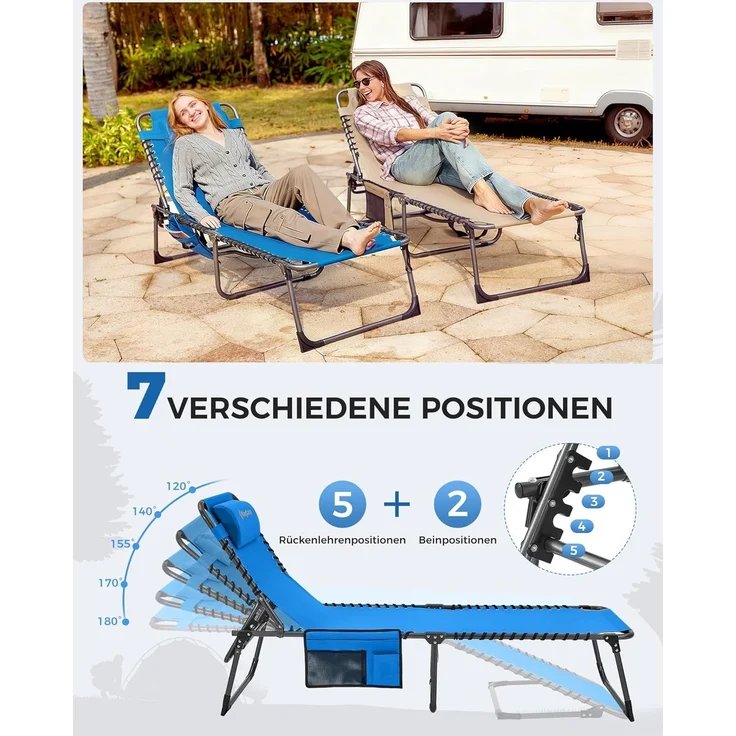 KingCamp Campingliege Sonnenliege Gartenliege klappbar 5-Stufig Verstellbarer Rückenlehne Liege Gartenstuhl Strandliege Camping Klappbett mit Kopfkissen für Garten Urlaub Outdoor Strand Pool – Bild 3