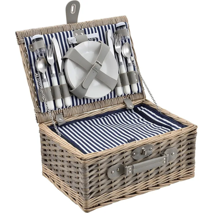 Picknickkorb mit Besteck-Set für 4 Personen Blau/Weiß casa. pro