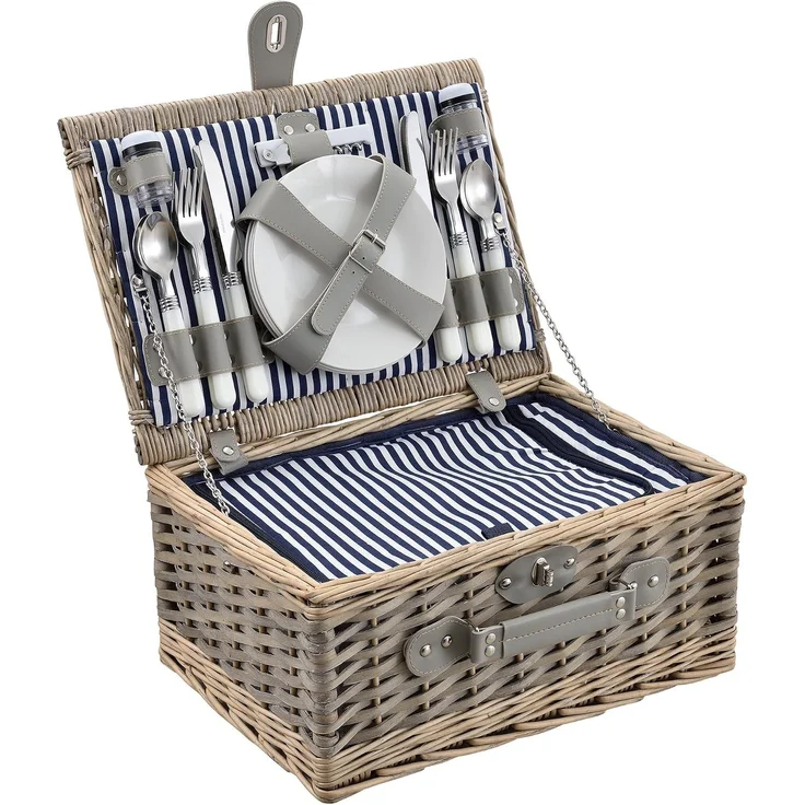 Picknickkorb mit Besteck-Set für 4 Personen Blau/Weiß casa. pro – Bild 1