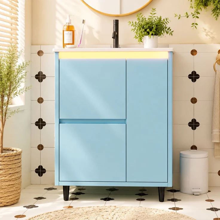 61*46.5*87cm, freistehender Badezimmerwaschtisch, komplett lackierte Oberfläche, integriertes Keramikbecken, Soft-Close-Scharniere, zwei Schubladen, hohes Fußdesign, blau. – Bild 1