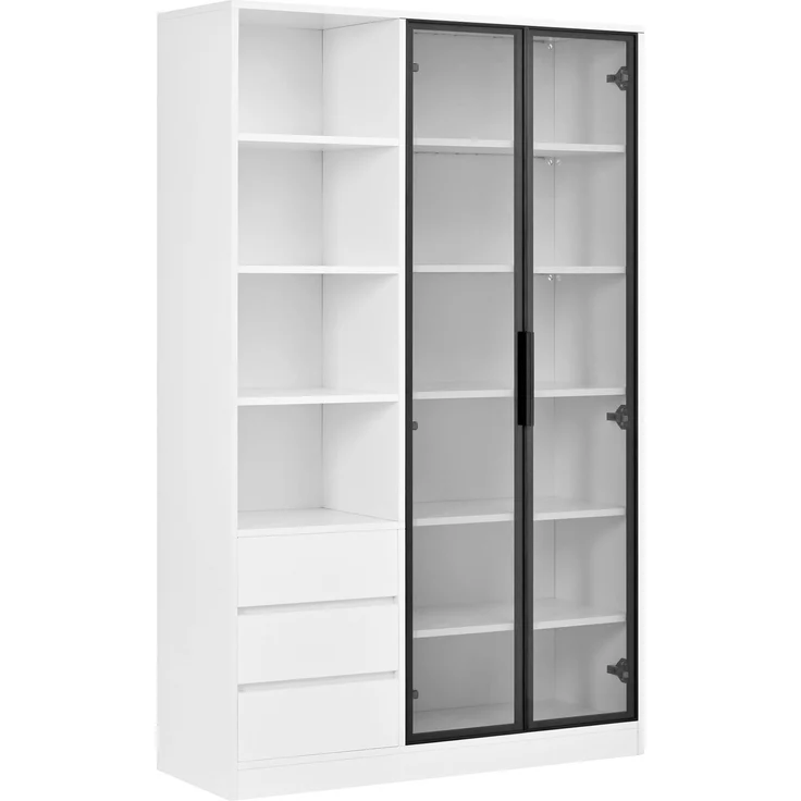 Vitrine 100 x 35 x 160 cm in Mattweiß mit Glastüren, LED-Beleuchtung und Schubladen – Bild 7