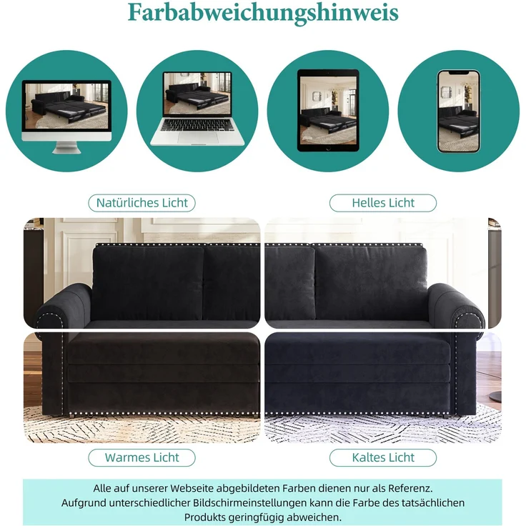 Schlafsofa, Samt, 3-in-1 ausziehbar, 238x90x98 cm, Schwarz – Bild 9