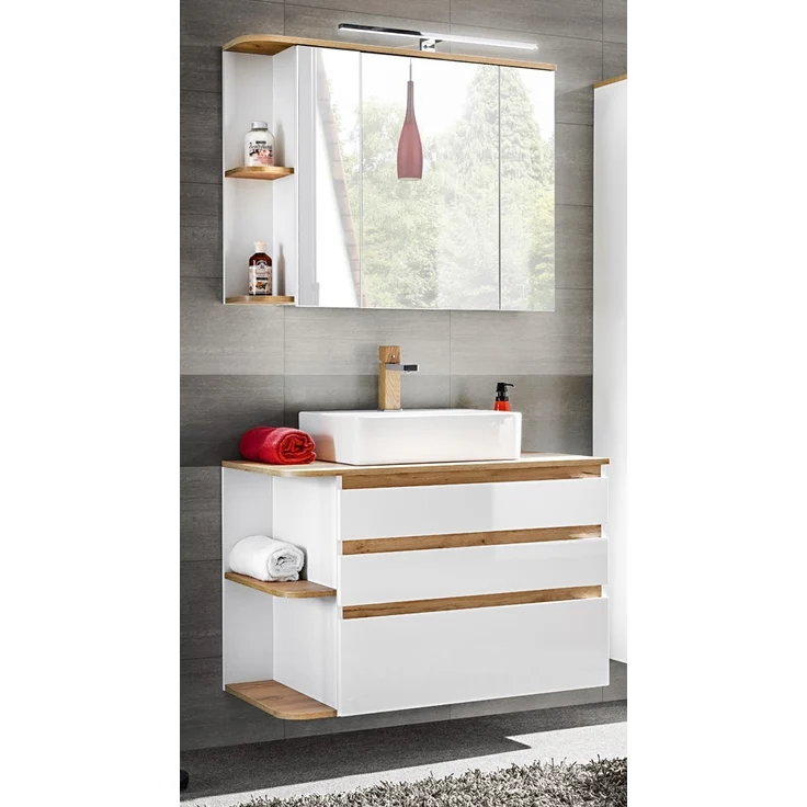 Badmöbel Waschplatz Set mit Keramik-Waschtisch CAMPOS-56, Hochglanz weiß mit Wotaneiche, B/H/T: ca. 94/200/50 cm – Bild 2