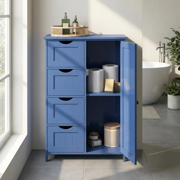 Vasagle Badezimmerschrank, schmaler Badschrank, Beistellschrank, Kommode, mit Schubladen, Schranktür, verstellbare Ablage, x x cm,, Hafenblau, 3 – Bild 1