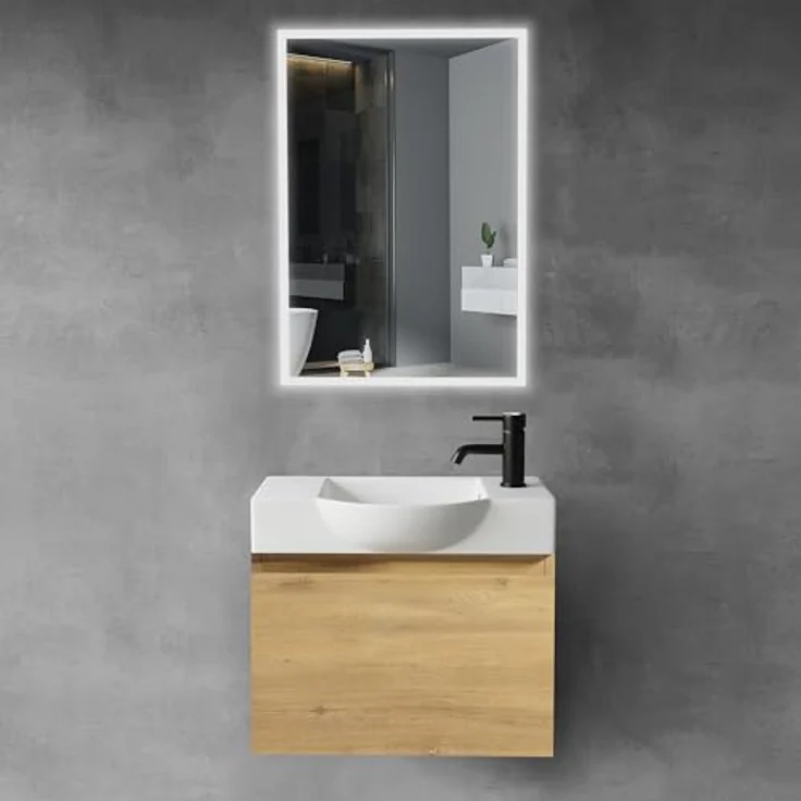 Alpenberger Badmöbel-Set Waschbecken mit Unterschrank 55 cm Breit, (Waschtischunterschrank, Badezimmerschrank Klein), Badschrank Hängend mit Badspiegel – Bild 2