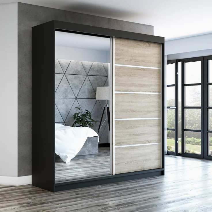 Schwebetürenschrank GAP 2-türig Schrank 160 cm (mit Spiegel) Farbe: Schwarz, sonoma – Bild 2