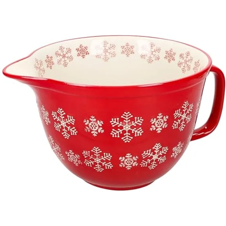 MamboCat Servierschale Rührschüssel Schneeflocke rot creme 2,5L Teigschale mit Griff Kekse, Steingut
