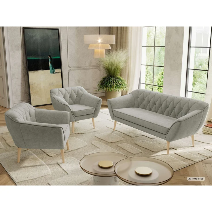 Wohnzimmerset PIRS 1-1-3, Skandinavisches 3-Sitzer Sofa mit Sesseln, Sofa mit Wellenfederung, Buche Füße, Skandinavisches Möbelset - Hellgrau Stukture – Bild 5