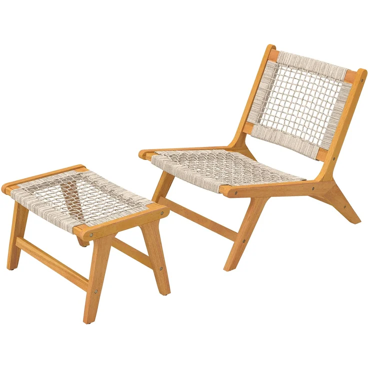 MELAYR, Gartensessel mit Hocker 2-teilig FSC Akazienholz Outdoor Loungesessel mit Rattan-Sitz, 83 x 60 x 73.5 cm, Beige – Bild 2