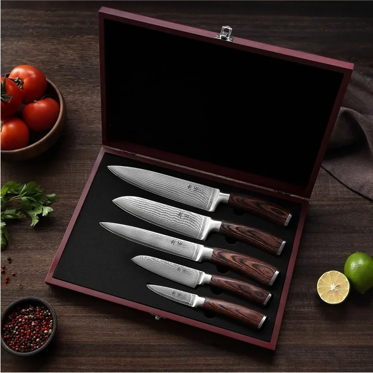 Wakoli Messer-Set Edib 5er Damastmesserset I Kochmesser Küchenmesser I 8 - 20cm Klingen (Damastmesser mit Geschenkbox, 5-tlg, 5er Damastmesser-Set mit Holzbox), 67 Lagen Damaststahl, VG-10 Stahlkern
