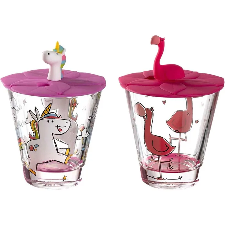 Leonardo BAMBINI 2er Set Kinderbecher mit Deckel 'Einhorn' & 'Flamingo'