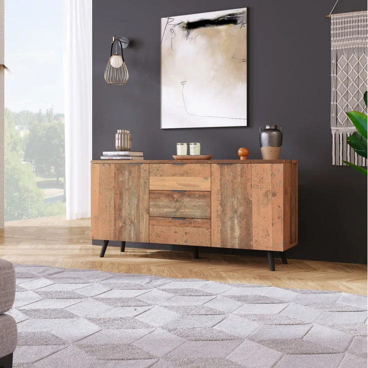 DESVIAE Sideboard mit 3 Schubladen und verstellbaren Einlegeböden, 140x70x35 cm, Spanplatte, Antikbraun – Bild 6