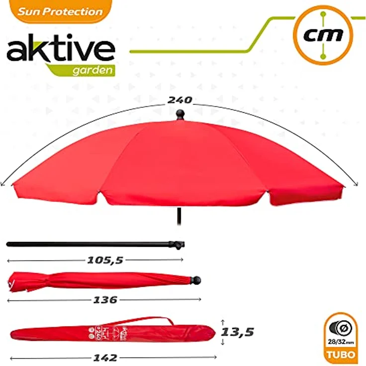 Gartensonnenschirm, mit UV30-Schutz, Ø240 cm, rot, 28-32 mm Mast, flexibler Mast, höhenverstellbar, Große Sonnenschirme, Aktive Garden – Bild 8