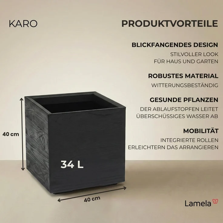 LAMELA Pflanzkübel mit Rollen 40 cm, 36L – Blumentopf aus Kunststoff in Holzoptik – Übertopf mit Wasserablauf – Modern für Innen & Außen - Wetterfest & Pflegeleicht, Schwarz – Bild 2