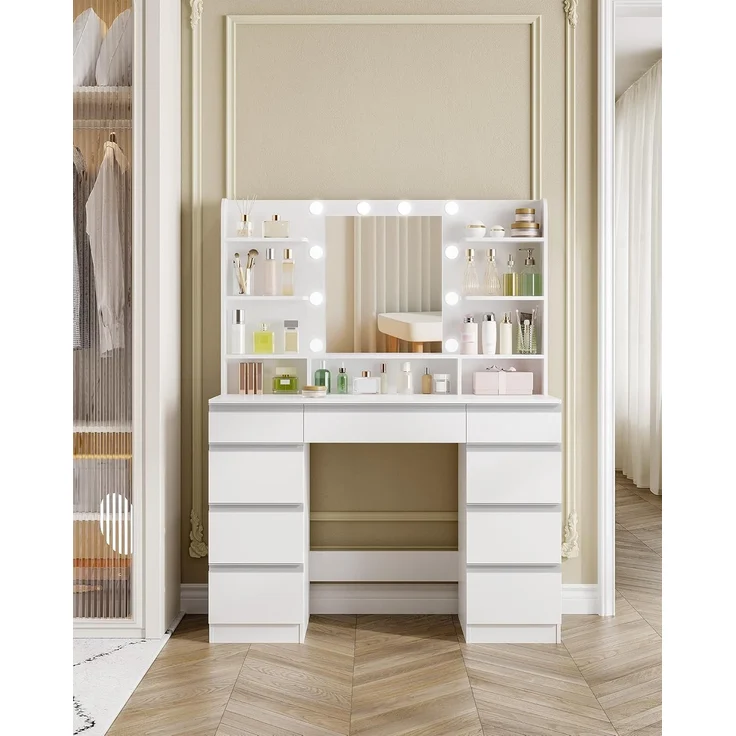 Hzuaneri Schminktisch, mit LED-Beleuchtung, Spiegel, Weiß & Silber, 40x108x140 cm – Bild 5