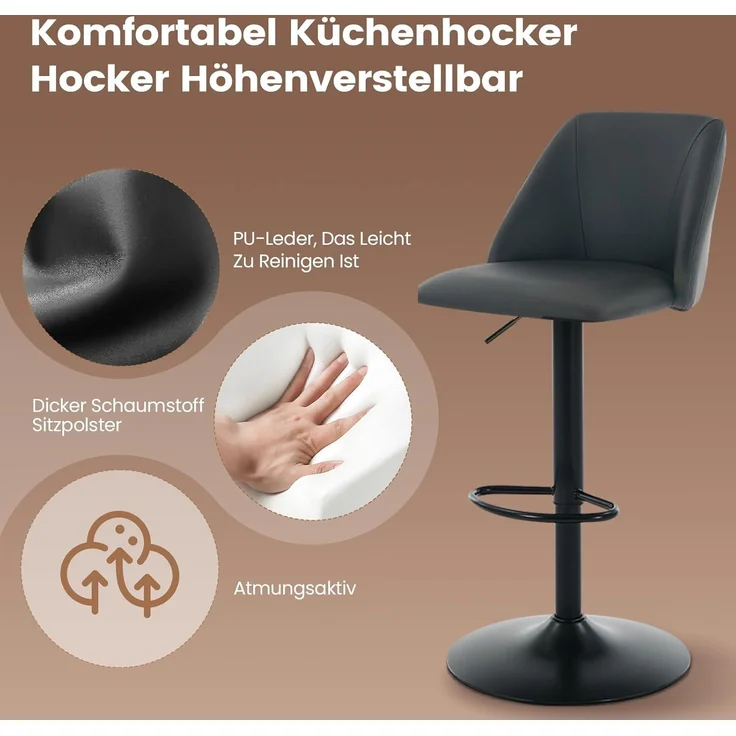 COLAMY 360° Drehbarer Höhenverstellbarer Barhocker 2er Set, Moderne Kücheninsel Barstühle mit Rückenlehne, PU-Kunstleder Barstühle mit Fußstütze – Geeignet für Küche, Bar, Esszimmer, Büro, Schwarz – Bild 6
