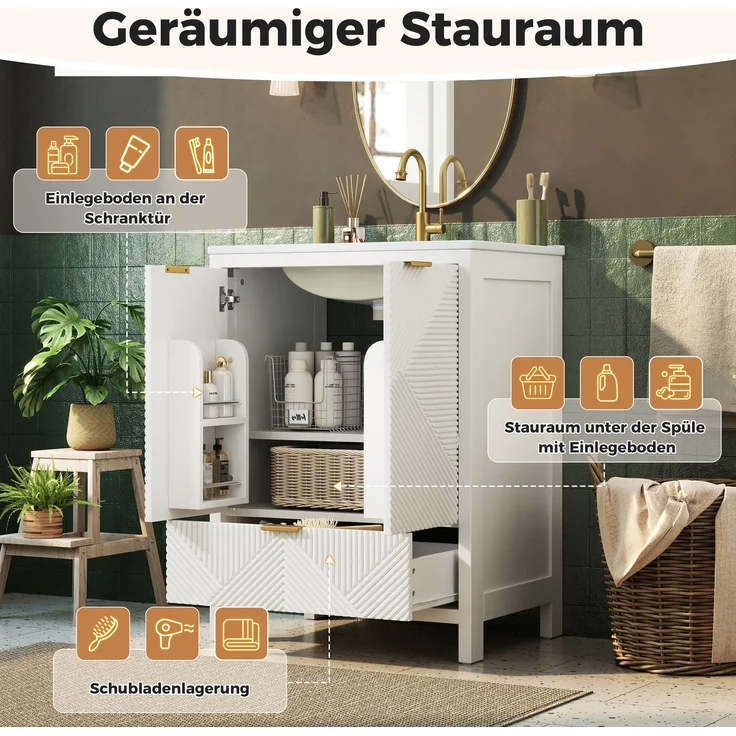 Freistehender Badschrank mit Keramikwaschbecken, 61 x 47 x 87 cm, MDF, Weiß, Wellenstruktur – Bild 8