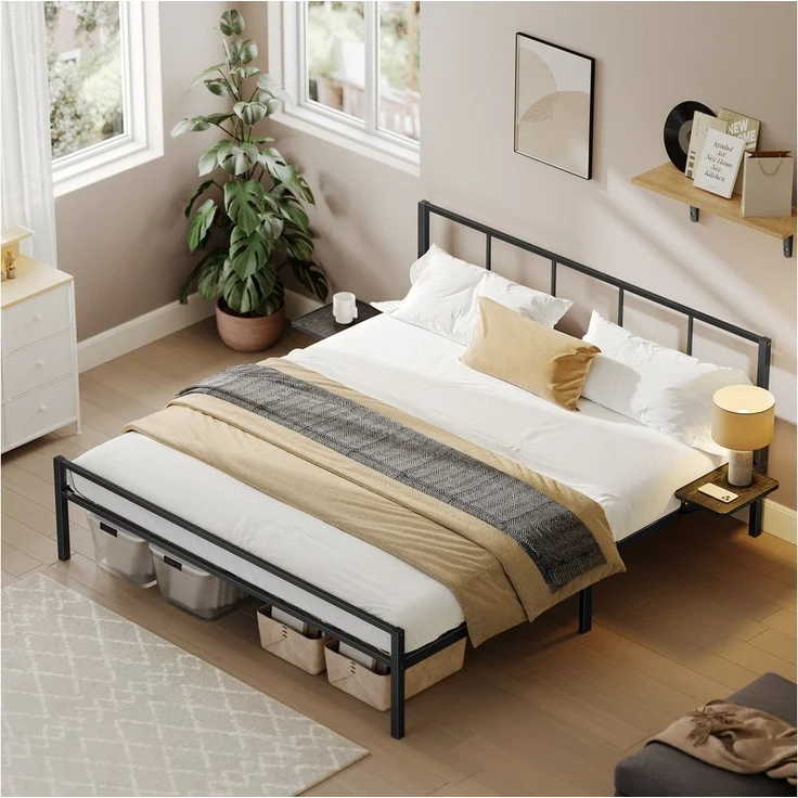 VASAGLE Doppelbettgestell, Bett, 160 x 200 cm, Metallbett, Bettrahmen, mit Kopfteil, modern, mit Aufbewahrungsregalen, Gästebett – Bild 3