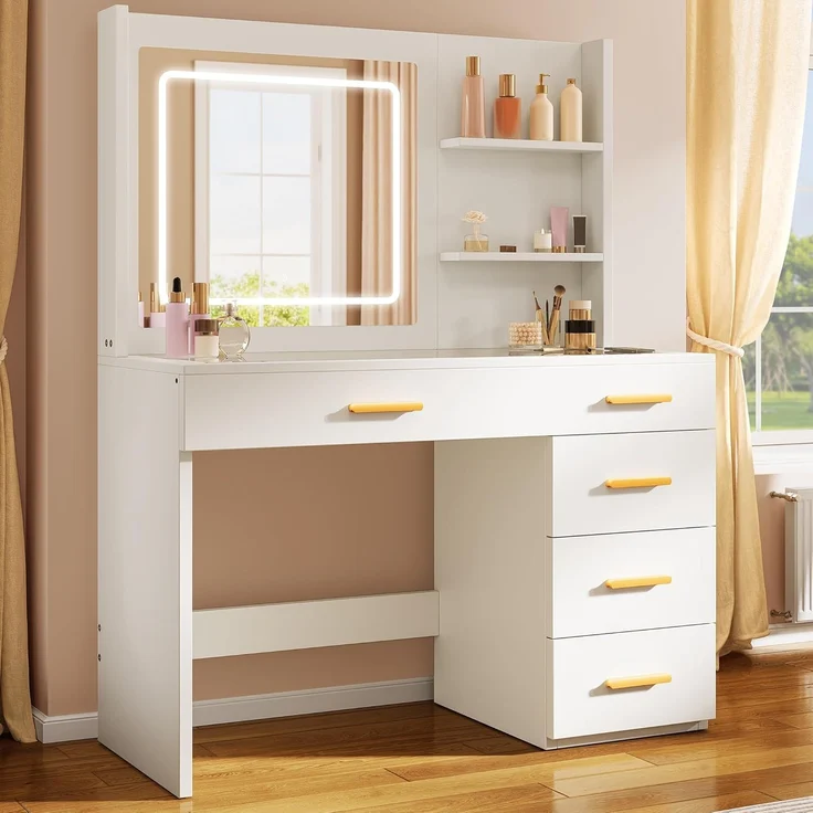 YITAHOME Schminktisch mit Beleuchtung, Dressing Table mit Spiegel Schminktische mit Hocker Farben mit Einstellbarer Helligkeit, Frisiertisch mit 5 Schubladen Offenen Fächern Vanity Table weiß – Bild 2