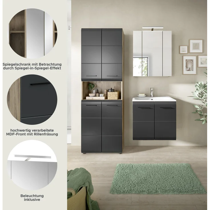 Badkombination (B/H/T: 135x185x46 cm) in schwarz matt und Nox Oak Nachbildung – Bild 8