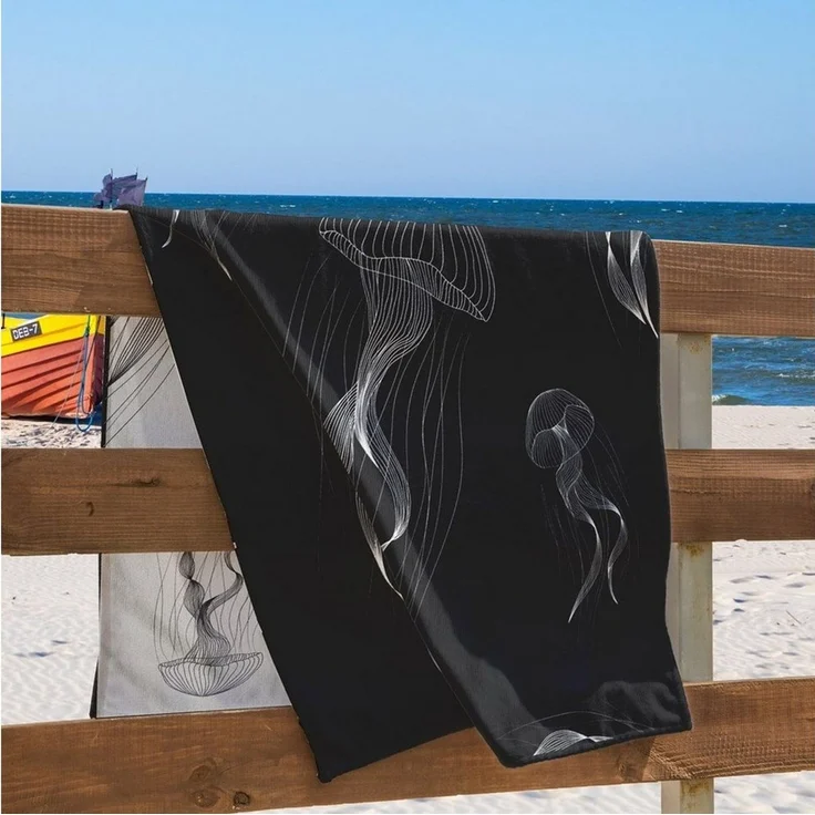 DecoKing Strandtuch groß 90x180 cm Baumwolle Frottee Velours Badetuch dunkelblau Jellyfish – Bild 1