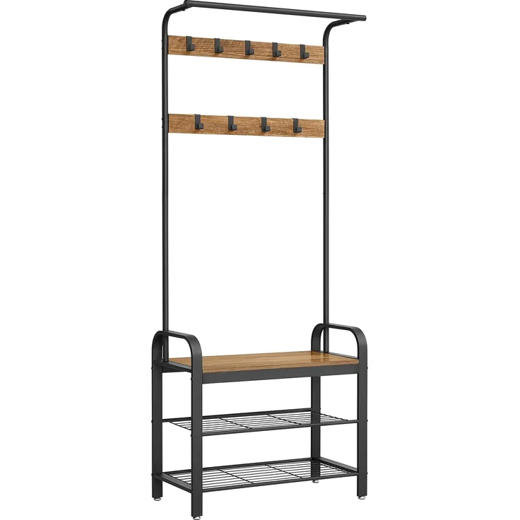 VASAGLE Garderobenständer, Garderobe, mit Schuhbank, 4-in-1 Design, 9 abnehmbare Haken, Kleiderstange, Eingangsbereich, Flur, 33,7 x 72 x 183 cm, Industrie-Design, walnussbraun-schwarz HSR040B41
