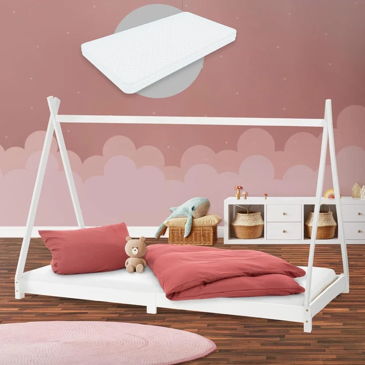 ML-DESIGN Kinderbett Hausbett Tipi Zeltbett inkl. Lattenrost Bodenbett Kinder Himmelbett, Abenteuerbett zum Spielen Zelt Spielbett Kiefer Bettenhaus Bett Weiß – Bild 1