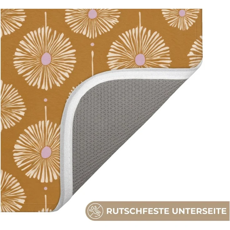 OnlyWow Badematte Blumen - Modern - Ocker, Höhe 10 mm, Polyester, Rechteckig, Badezimmerteppich, Badteppich, Rutschfest, Badvorleger, Waschbar – Bild 3