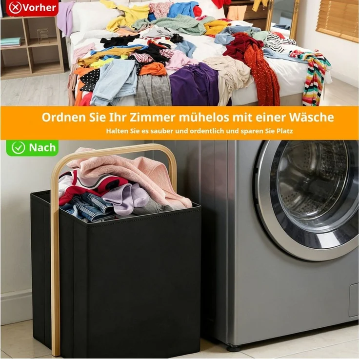BlingBin Wäschekorb Einkaufskorb Faltbarer mit Henkel Wäschesammler aus Oxford und Bambus (1 Stück, 1 St, 40 × 30 × 35 cm,Fassungsvermögen: 42 Liter), für Schlafzimmer & Badezimmer, Wäschewanne Laundry Storage Baskets – Bild 4