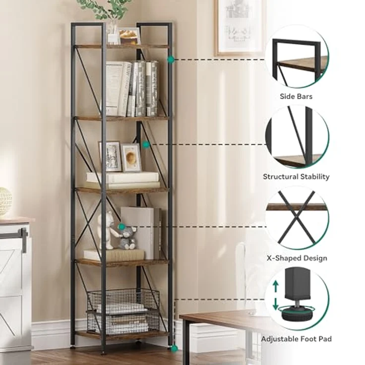 YITAHOME Bücherregal mit 5 Ebenen, industrielles Bücherregal, freistehendes Regal, Holzregal und Metallrahmen, Aufbewahrungsregal für Wohnzimmer, Zuhause, Büro, Küche, Schlafzimmer, Vintagebraun – Bild 5