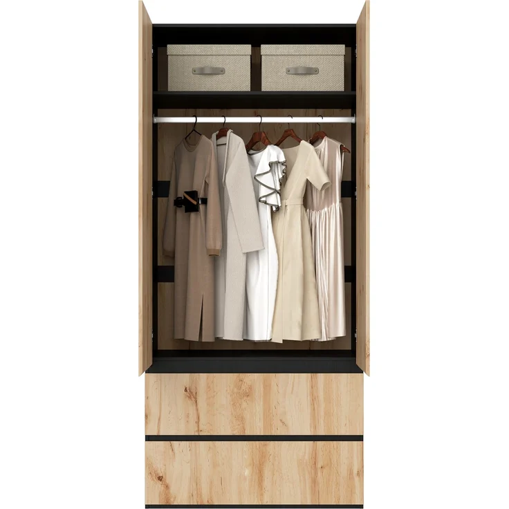 Kleiderschrank Garderobenschrank, 90 x 50 x 200 cm, mit 1 Kleiderstange, 2 Schubladen und 2 Türen, moderner Hochschrank für Schlafzimmer, Flur, Kinderzimmer oder Büro (Eiche Artisan/Weiß)--Holz--90x50x200cm--YOUDENOVA – Bild 5