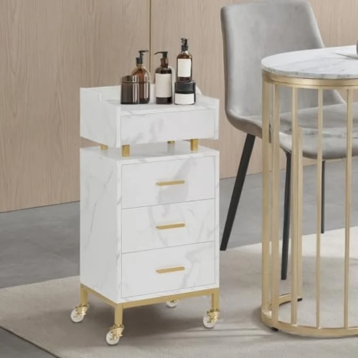 M MCombo Servierwagen mit Rollen & 4 Schubladen, Rollwagen Friseurwagen Weiß, Salon Trolley mit Ablage, Moderner Arbeitswagen für Bad Wohnzimmer, 0062 – Bild 2