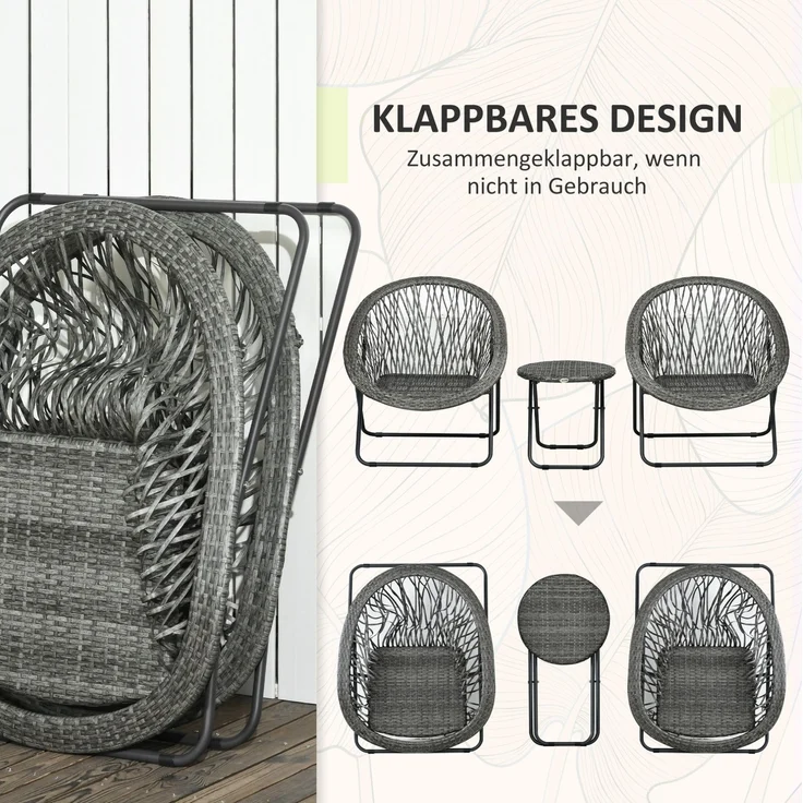 3-teiliges Balkonmöbel-Set mit klappbarem Tisch und 2 Stühlen, Ø46x43 cm, Grau – Bild 5