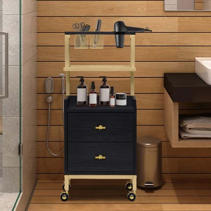 BarberPub Friseurwagen mit Rollen & 2 Schubladen, Rollwagen Servierwagen Schwarz-Gold, Salon Trolley mit 2 Ablagen & Föhnhalter, Moderner Arbeitswagen für Bad Wohnzimmer, 0029 – Bild 2
